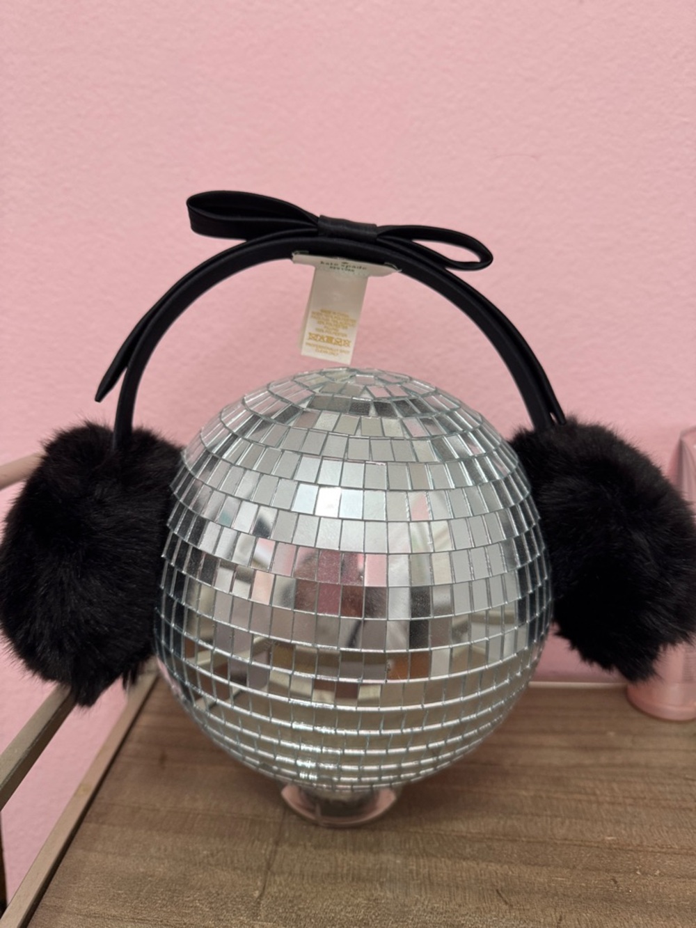 kate spade Black Faux Fur Ear Muffs with Bow Accent